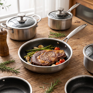 Poêle, <span class=keywords><strong>casserole</strong></span> et faitout 3 plis en acier inoxydable alvéolé antiadhésif classique écologique compatible <span class=keywords><strong>induction</strong></span> avec couvercle en verre - Product Image 5