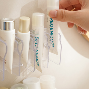 Estante de almacenamiento para baño, montado en la pared, sin necesidad de taladro, transparente, blanco, 4 niveles, estante para cosméticos, soporte para limpiador facial y pasta de dientes - Product Image 2