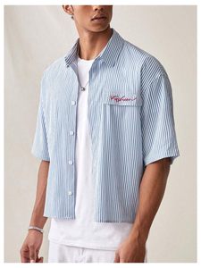 <span class=keywords><strong>Camicie</strong></span> da uomo personalizzate a maniche corte, vestibilità ampia, con bottoni, a righe, casual, da ufficio, con colletto a risvolto, modello cropped - Product Image 4