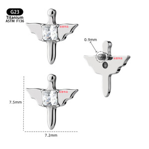 Boucle d'oreille en titane Angel Sword avec zircon G23 ASTM F136, forme d'ailes, bijoux de piercing 7,5 mm, pour cadeau - Product Image 1
