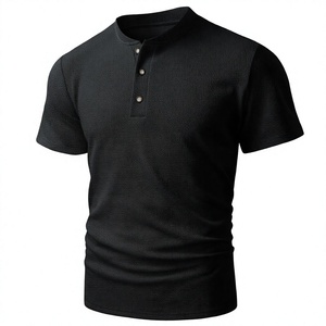 <b>Black</b> Waffle Knit <b>Men</b> Henley T <b>Shirt</b> <b>Slim</b> <b>Fit</b> Short Sleeve Casual Summer Tee Solid Color O-Neck Top - Product Image 2