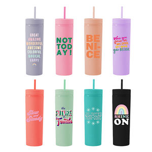 Bán buôn số lượng lớn cốc nhựa Matte pestel Nhiều màu Skinny Tumblers tái sử dụng ly 16 <span class=keywords><strong>oz</strong></span> Acrylic Tumbler cup với rơm và nắp - Product Image 1