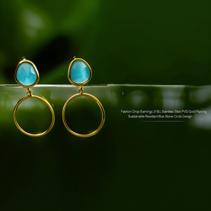 Boucles d'oreilles pendantes tendance en acier inoxydable 316L plaqué or PVD, design cercle en pierre bleue durable et résistante - Product Image 3