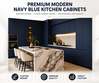Ensemble d'armoires de cuisine de luxe KEJIA, finition bleu marine mat, avec îlot en marbre de luxe, modulaire, sans poignées