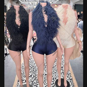 2025 Summer Women's <b>Sexy</b> Solid Knitted Feathers Spandex/Polyester Halter Deep V Backless Skinny <b>Playsuits</b> Holiday Midnight Club - Product Image 3