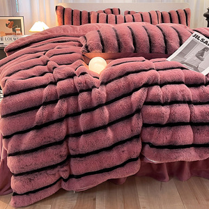 Sang trọng sọc in Faux Thỏ sữa nhung 4pcs beddings thiết lập ấm cúng mùa đông <span class=keywords><strong>Comforter</strong></span> Bìa Quilt bedspread giường phẳng tấm thiết lập - Product Image 4