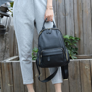 Women's <b>Backpack</b> Genuine Leather Black Solid Color Zipper Closure Multi Functional Bag - Product Image 2