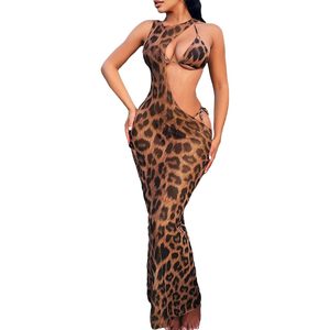 Women's Leopard Print 3 Piece Bikini Set Halter <b>Tie</b> Triangle With Cover Up Dress High Cut Swimwear Stretch Spandex Polyester - Product Image 1