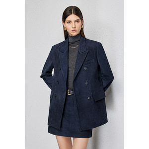 Setelan <span class=keywords><strong>Blazer</strong></span>/Rok Midi Wanita Gaya Old Money Inggris, Kulit Domba Suede Impor Khusus, Kancing Ganda, Anti Kusut, Model Longgar - Product Image 1