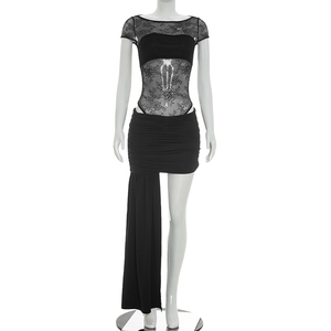 Viviblook Y26ST202 Women's Skirt <b>Set</b> <b>Sexy</b> Lace Patchwork Bodysuit Pleated Ribbon Skirt 2 Pieces <b>Set</b> - Product Image 1