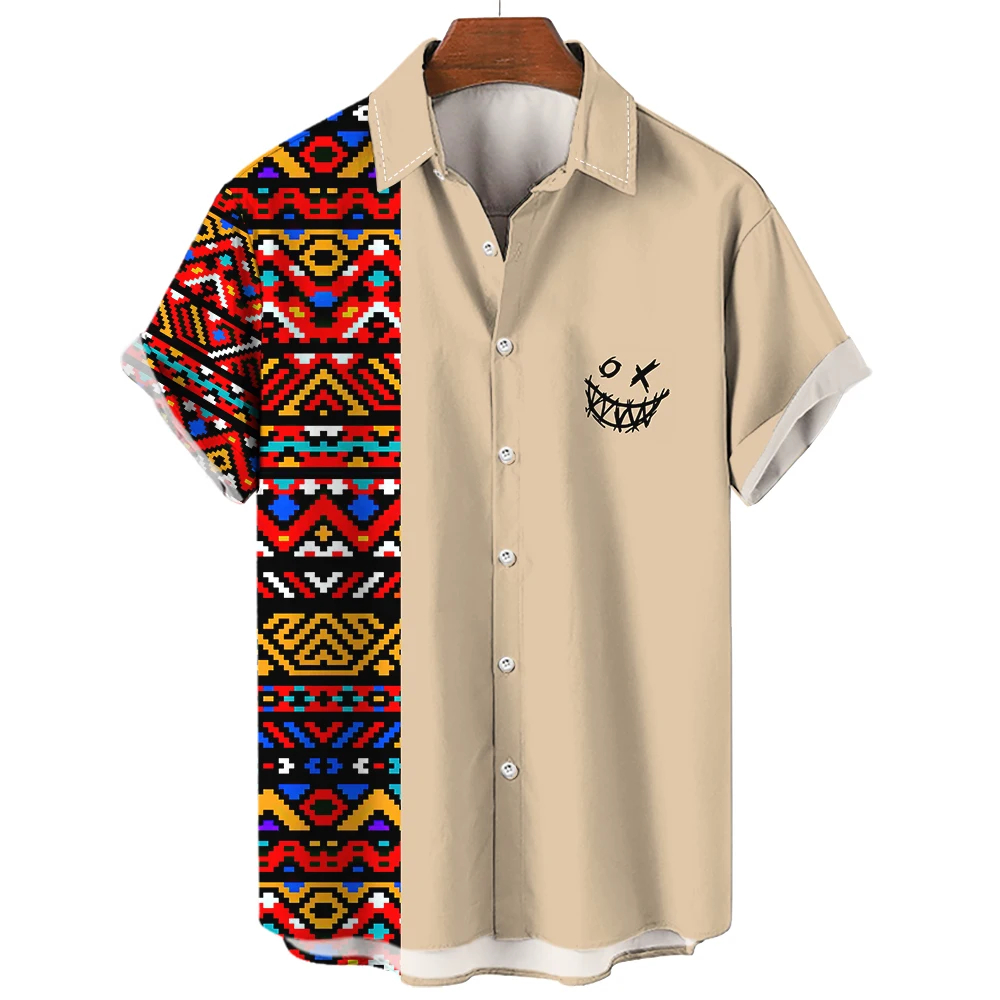 Camisa de verano para hombre, ropa masculina con estampado étnico Vintage, camiseta informal sencilla de manga corta, Blusa con botón de solapa de vaquero, ropa de calle