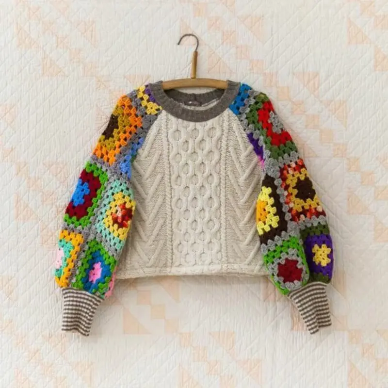 Suéter de bolha de mão robusto colorido, pulôver de malha quadrado de crochê