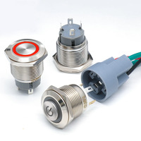 Interrupteur à bouton-poussoir métallique étanche à découpe de 8/10/12/16/19/22 mm, à enclenchement momentané/continu avec voyant LED, borne à souder