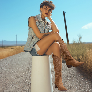 Botas Femininas Western de Salto Grosso com Bico Fino e Cabedal em Camurça Bordada, Atacado Direto da Fábrica OEM - Product Image 5