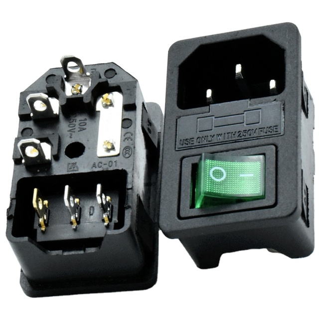 3-Pin AC Power Socket with Green LED Switch and 10A Fuse 125V Rated Industrial Electrical Plug PC Material C14 Standard