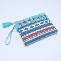 Tas Clutch Kanvas Motif Geometris Boho dengan Ritsleting Rumbai & Tali Pergelangan Tangan, Tas Makeup & Dompet Portabel, Kantong Kosmetik untuk Pesta