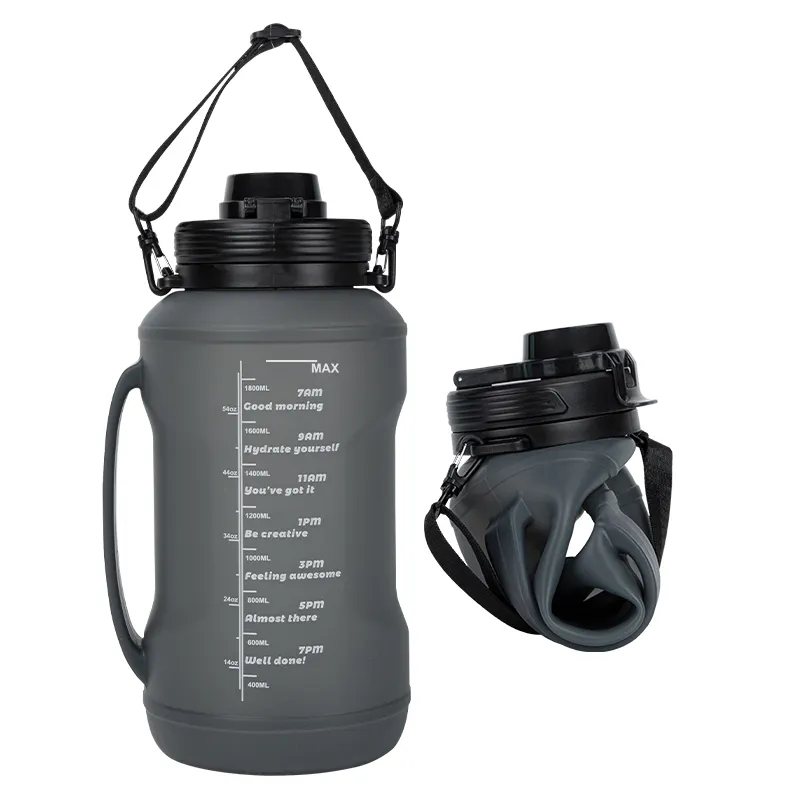 Botella de agua de silicona plegable para deporte, botella de agua deportiva para gimnasio, viaje, libre de BPA, con marcador de pajita y tiempo, venta al por mayor, 2L