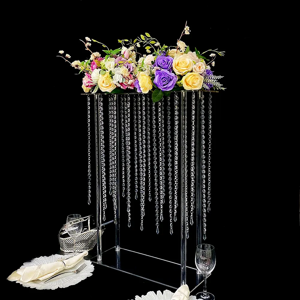 Soporte de flores de cristal para boda Decoración de soporte de flores de metal dorado y blanco de lujo
