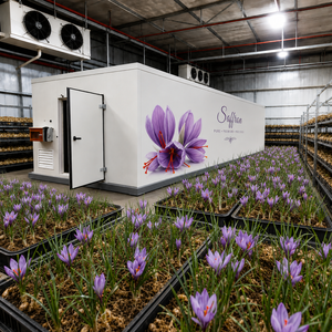 Conteneur de culture de safran modulaire assemblé avec système de circulation et drainage, flux d'air passif, occultant la lumière et isolé - Product Image 1