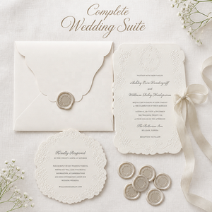 Suite d'invitations de mariage florales blanches haut de gamme avec détails en relief, cartes découpées, ruban, enveloppe et sceau de cire pour mariages de boutique - Product Image 6