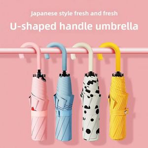 Parapluie pliable coréen à double usage, trois sections, poignée en J, ouverture manuelle, logo personnalisé, pour femme, fille, cadeau d'affaires - Product Image 2