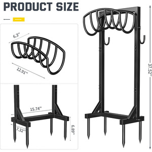 <b>Garden</b> hose bracket with 4 ground pegs and 2 tool <b>hooks</b>. Detachable freestanding metal hose organizer. - Product Image 2