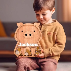 Tirelire en bois en forme de cochon, couleur bois naturel, avec nom personnalisé, pot à monnaie pour enfants, ornement de bureau - Product Image 1