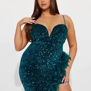 New Emerald Sequin Spaghetti Straps V Neck Feather Trim Side Slit Asymmetric Maxi Dress Plus Size With Feathers Evening Dresses