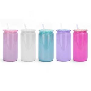 Lata de plástico de colores de 16Oz con tapas de Pp, lata de plástico de refresco de cerveza de 16Oz de Color sólido colorido para envolturas UV DTF, tapas de plástico Pp - Product Image 6