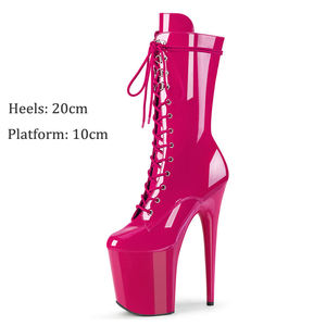 Scarpe Sexy da passerella con tacchi alti da 20cm che odiano gli stivali corti bassi lucidi con lacci alti del cielo - Product Image 4