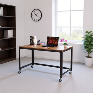 Bureau d'ordinateur sur roulettes avec plateau en bois et structure métallique, noir et marron, mobilier de bureau, design industriel moderne, autoportant - Product Image 2