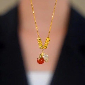 Titanium Steel Red Agate Lucky Bead Necklace For Women Fruit Shape Leaf Pendant Clavicle Chain Gift Fashion Jewelry - Product Image 1