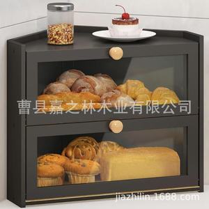 Double Layer Wooden Bread Storage Box Black Rectangle For <b>Kitchen</b> Pastries - Product Image 1