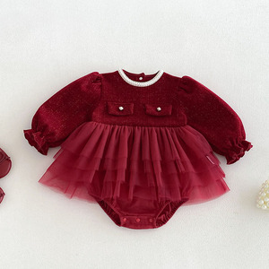 Vente en gros Automne Noël 0-24M <span class=keywords><strong>Combinaison</strong></span> pour bébés filles nouveau-nés et tout-petits, barboteuse à manches longues avec empiècements en maille, vêtements pour enfants - Product Image 3
