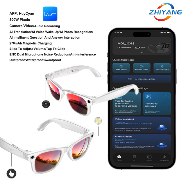 Smart Glasses W610 8MP 4K Camera AI Translation Voice Control for BT Calling WiFi Transfer Touch Screen Waterproof Design