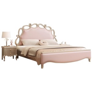 Cama Doble <span class=keywords><strong>de</strong></span> Madera Maciza <span class=keywords><strong>de</strong></span> Lujo Ligero, Estilo Princesa, con Lazo Rosa <span class=keywords><strong>de</strong></span> 1.8 m, en Color Crema Francés, con Cuero Genuino, para Segunda Cama Suave - Product Image 3