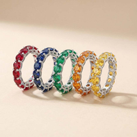 Cincin Perak Sterling 925 Mewah Berhiaskan Berlian Warna-warni untuk Wanita, Model Eternity Band 5mm Merah Hijau Kuning 4 Prong