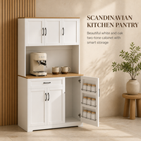 Buffet blanc et chêne, armoire de rangement à 3 portes ouvertes, 1 tiroir, 2 portes en mélamine, meuble de cuisine, garde-manger, vente en gros