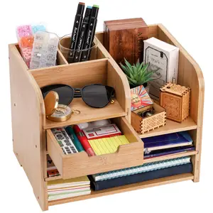 3 Tier Wooden Desk File Storage Organizer Tools Custom Office Organizer Bamboo Desktop Organizer With Drawer
