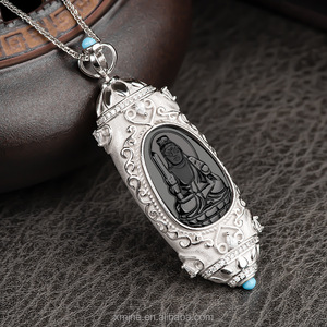 Grado naturale A giadeite inchiostro giada santo patrono dello zodiaco S925 argento intarsiato Dzi perline vita Buddha ciondolo semi di ghiaccio di giada - Product Image 3