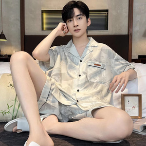 Zomerloungewear-set voor heren, lichtgewicht ijszijde pyjama met korte mouwen, eenvoudig, casual, comfortabel, 2-delig huiskleding voor jongens - Product Image 1