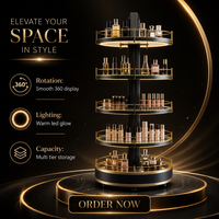Présentoir Rotatif Noir et Or pour Cosmétiques, Étagère Circulaire en Verre avec Éclairage LED sur le Bord, Carrousel pour Boutique de Beauté