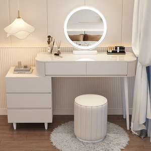 Juego de tocador blanco moderno, taburete con espejo LED iluminado, 3 cajones, tocador de maquillaje, muebles de baño para dormitorio montados en la pared - Product Image 1