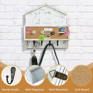 Wall-mounted <b>Rustic</b> White <b>Wooden</b> Storage Box With Cork Board And Hooks For Mail Key Organizer - Product Image 1