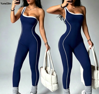 Combinaison de yoga asymétrique à blocs de couleur, très extensible, coupe ajustée, pour femme, idéale pour la gym et le streetwear
