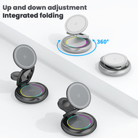 Chargeur sans fil magnétique pliable 3 en 1, support de téléphone en aluminium, station de charge rapide 15W avec base rotative à 360° et lumière RVB