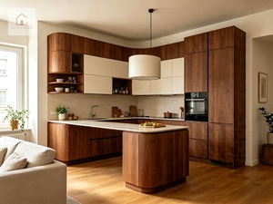 XINGRUO Mobili da Cucina su Misura in Noce Naturale Eco-Friendly, Design Minimalista Curvo, Armadietti da Cucina di Lusso Personalizzati - Product Image 1