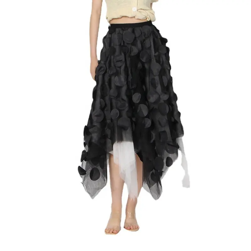 OUDINA Summer New Lace Elegant Mesh Polka Dot A-line Skirt Midi Long Skirts For Women