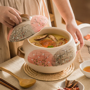 หม้อตุ๋นเซรามิกทรงรีทนความร้อนสำหรับงานเลี้ยง,หม้อดินพร้อมฝาปิดสไตล์ชนบทโบราณสำหรับใช้ในห้องครัวงานเลี้ยง - Product Image 6