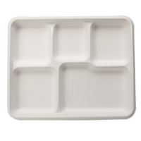 Assiette de bagasse compostable jetable écologique à 5 compartiments Plateau alimentaire blanc avec 5 compartiments